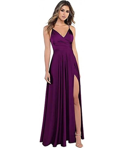 Women's Spaghetti Strap Bridesmaid Dresses with Slit Long A-Line V Neck Satin Formal Evening Party Dress YJY18 Red $43.98 Dre...