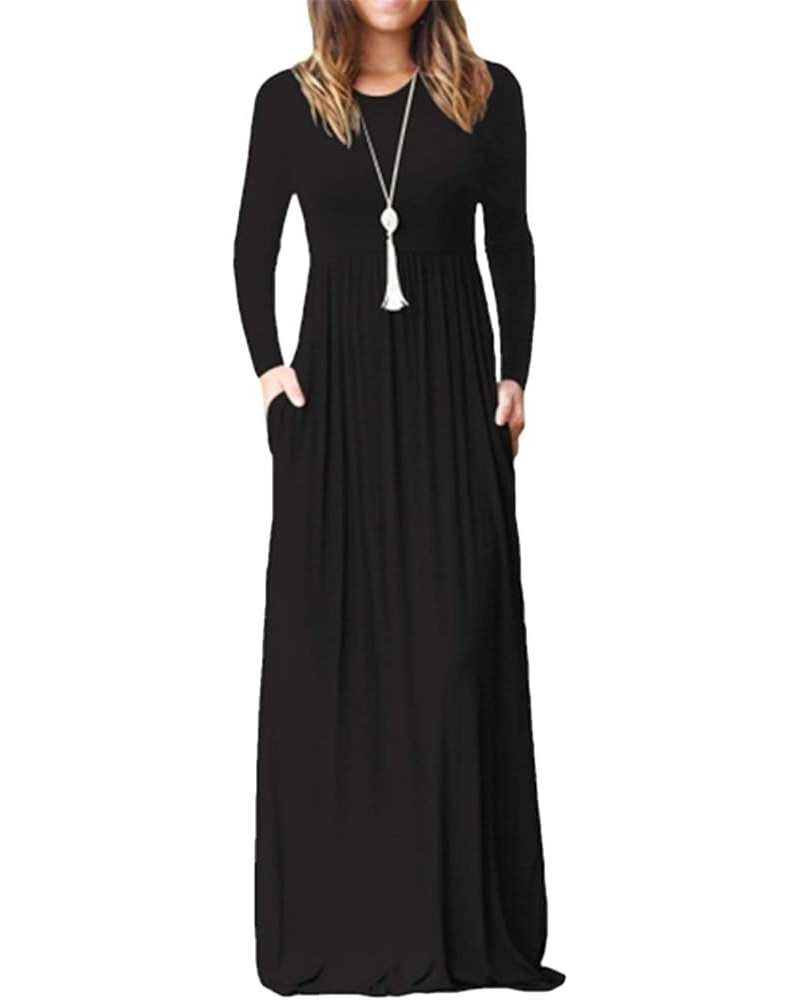 Womens Long Sleeve Loose Plain Maxi Dresses Casual Long Dresses with Pockets Black $11.00 Dresses