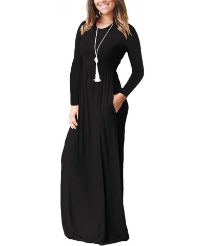 Womens Long Sleeve Loose Plain Maxi Dresses Casual Long Dresses with Pockets Black $11.00 Dresses