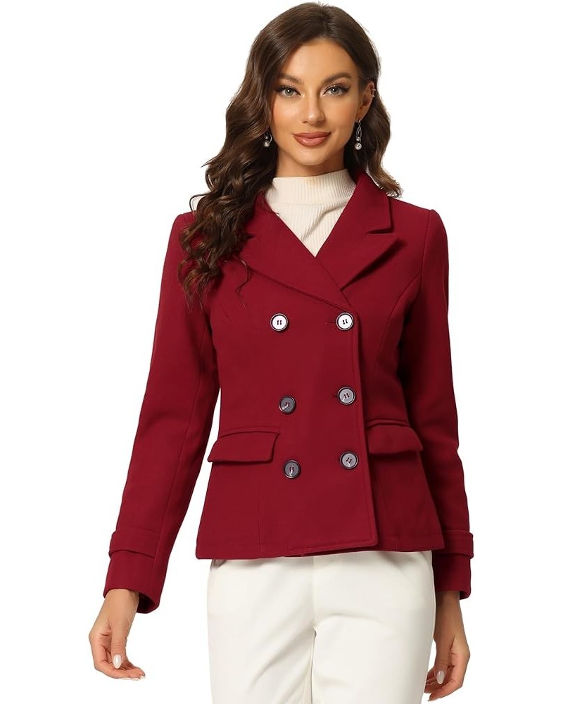 Women's Notched Lapel Double Breasted Pea Coat Dark Red $41.24 Coats