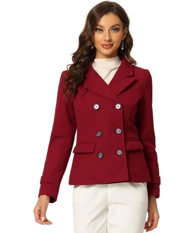 Women's Notched Lapel Double Breasted Pea Coat Dark Red $41.24 Coats