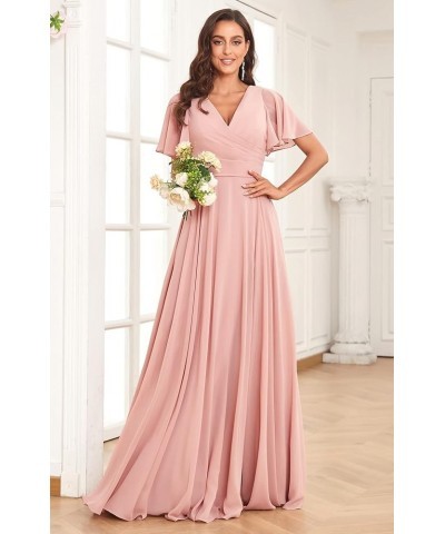 Women's Flutter Sleeve Bridesmaid Dresses for Wedding V Neck Formal Dresses with Slit Purple $40.79 Dresses