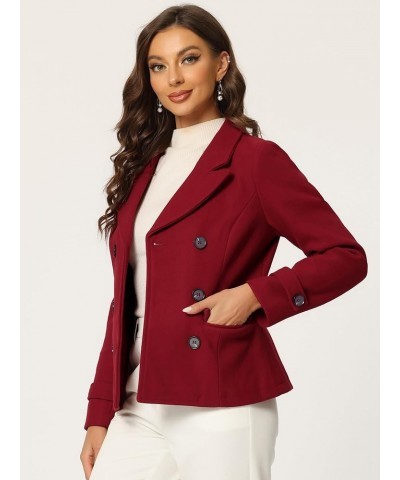 Women's Notched Lapel Double Breasted Pea Coat Dark Red $41.24 Coats