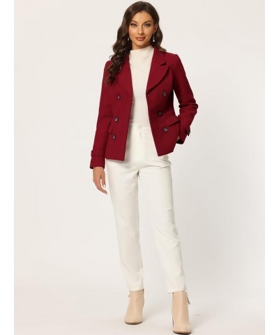 Women's Notched Lapel Double Breasted Pea Coat Dark Red $41.24 Coats