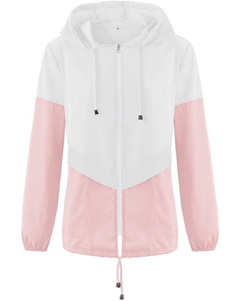 Womens Casual Jacket Waterproof Raincoat Lightweight Rain Jacket Hooded Windbreaker Outerwear with Pockets White/Pink $16.09 ...