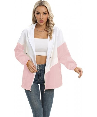 Womens Casual Jacket Waterproof Raincoat Lightweight Rain Jacket Hooded Windbreaker Outerwear with Pockets White/Pink $16.09 ...