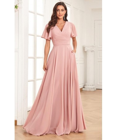 Women's Flutter Sleeve Bridesmaid Dresses for Wedding V Neck Formal Dresses with Slit Purple $40.79 Dresses