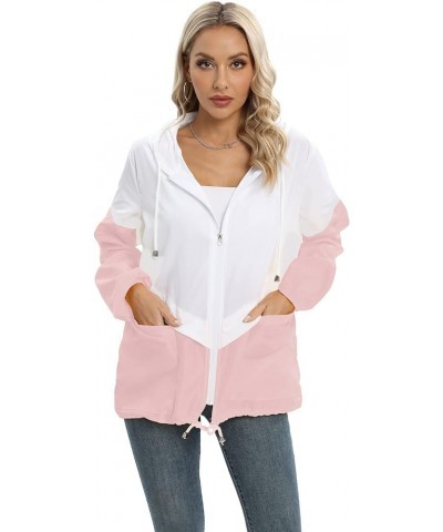 Womens Casual Jacket Waterproof Raincoat Lightweight Rain Jacket Hooded Windbreaker Outerwear with Pockets White/Pink $16.09 ...