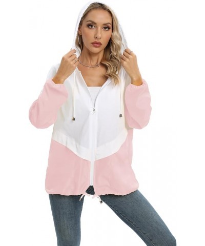 Womens Casual Jacket Waterproof Raincoat Lightweight Rain Jacket Hooded Windbreaker Outerwear with Pockets White/Pink $16.09 ...