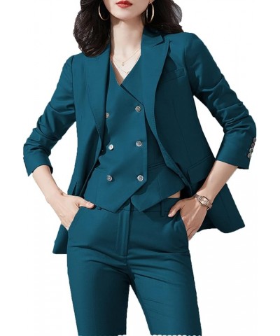 Womens 3 Pc Suit Casual Blazer Office Jacket Lady Work Open Front Cardigan Suits Set (Jacket+Vest+Pants) Teal $29.07 Suits