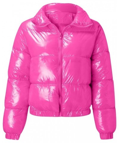 Trench Coats For Women Cropped Puffer Coat Bubble Zip Up Padding Warm Quilted Winter Shiny Stand Collar Jacket Hot Pink $29.8...