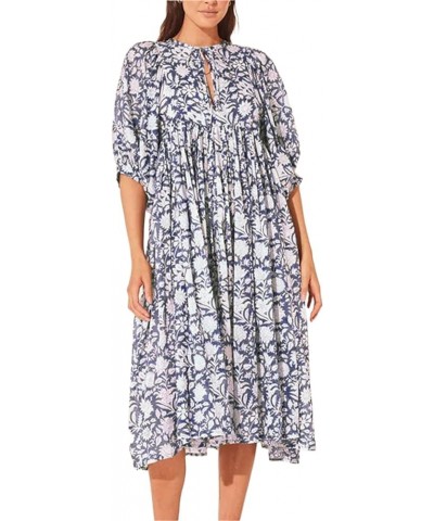 Women 2023 Summer Boho Midi Dress V Neck Puff Sleeve Floral Loose Flowy Swing Sundress Beachwear Navy $18.89 Dresses