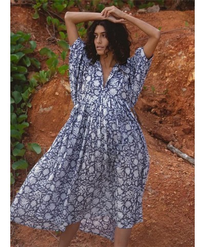 Women 2023 Summer Boho Midi Dress V Neck Puff Sleeve Floral Loose Flowy Swing Sundress Beachwear Navy $18.89 Dresses