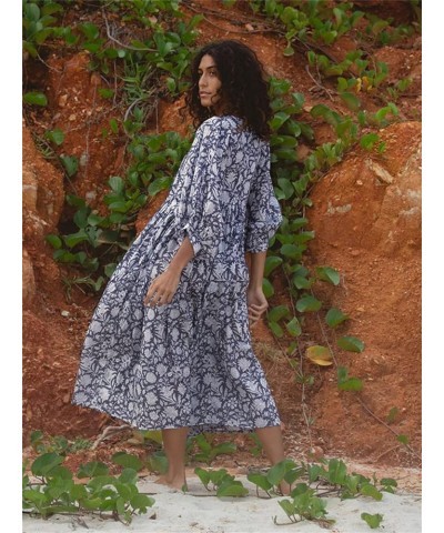 Women 2023 Summer Boho Midi Dress V Neck Puff Sleeve Floral Loose Flowy Swing Sundress Beachwear Navy $18.89 Dresses