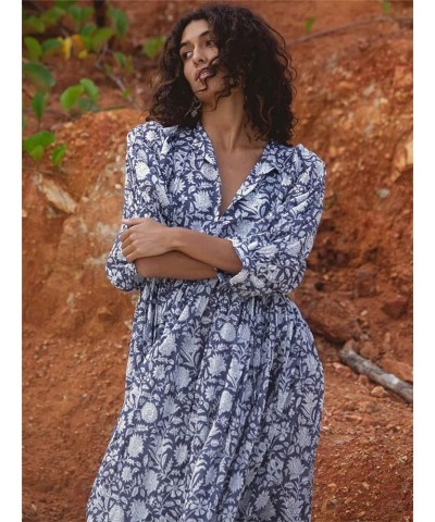 Women 2023 Summer Boho Midi Dress V Neck Puff Sleeve Floral Loose Flowy Swing Sundress Beachwear Navy $18.89 Dresses