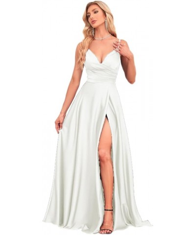 Women's Spaghetti Strap Satin Prom Dresses Long with Slit Ruched V-Neck Bridesmaid Dresses for Wedding Ivory $23.03 Dresses