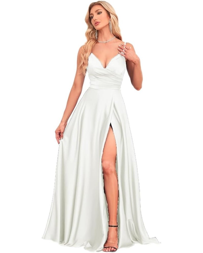 Women's Spaghetti Strap Satin Prom Dresses Long with Slit Ruched V-Neck Bridesmaid Dresses for Wedding Ivory $23.03 Dresses