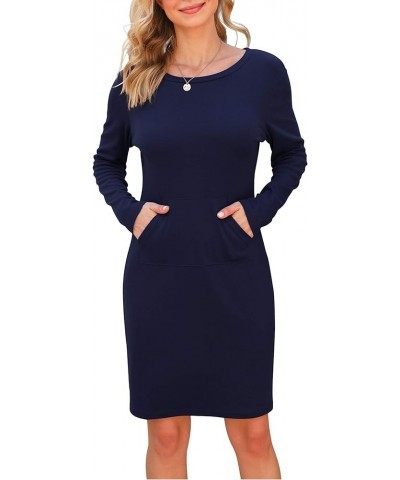 Women Long Sleeve Round Neck Slim Fitted Sweatshirt Dress with Pocket Basic Dresses Mini Dresses Navy Blue $12.47 Dresses