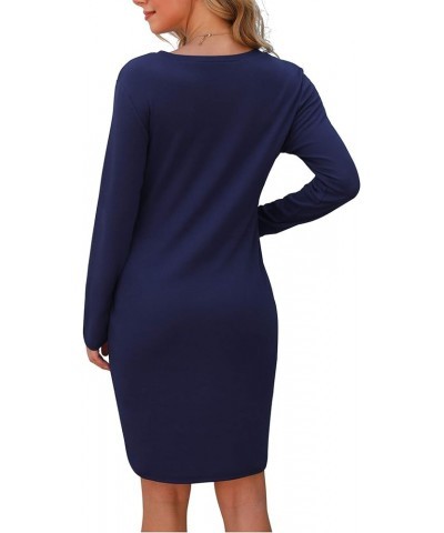 Women Long Sleeve Round Neck Slim Fitted Sweatshirt Dress with Pocket Basic Dresses Mini Dresses Navy Blue $12.47 Dresses