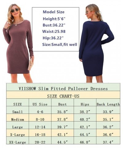 Women Long Sleeve Round Neck Slim Fitted Sweatshirt Dress with Pocket Basic Dresses Mini Dresses Navy Blue $12.47 Dresses