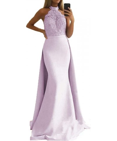 Bridesmaid Dresses Satin Lace Appliques Halter Neckline Backless Long Mermaid Prom Dress Evening Party Gown Z-lavender With T...