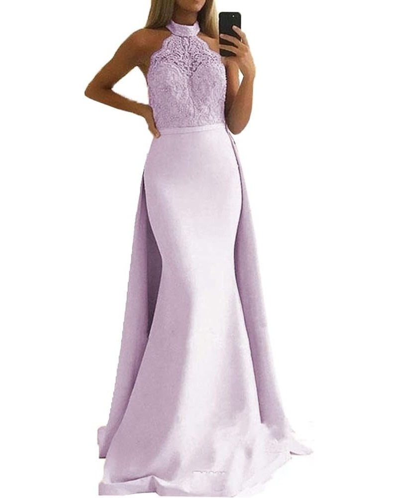 Bridesmaid Dresses Satin Lace Appliques Halter Neckline Backless Long Mermaid Prom Dress Evening Party Gown Z-lavender With T...