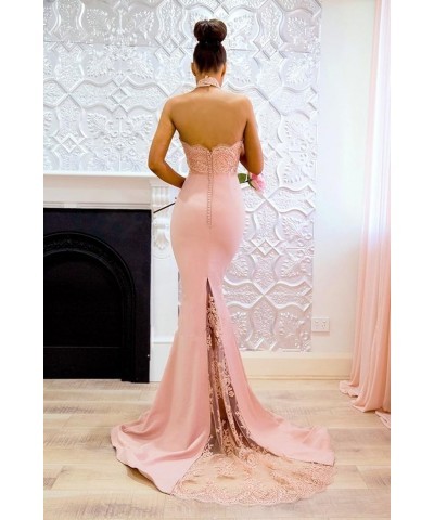 Bridesmaid Dresses Satin Lace Appliques Halter Neckline Backless Long Mermaid Prom Dress Evening Party Gown Z-lavender With T...