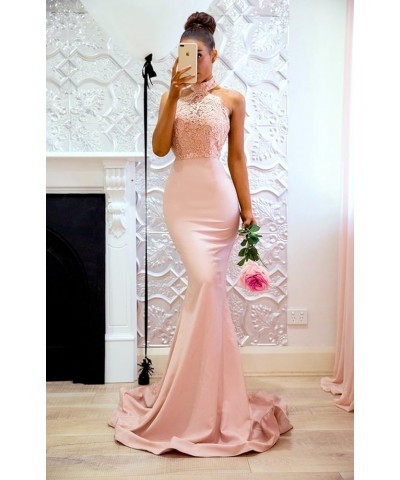 Bridesmaid Dresses Satin Lace Appliques Halter Neckline Backless Long Mermaid Prom Dress Evening Party Gown Z-lavender With T...