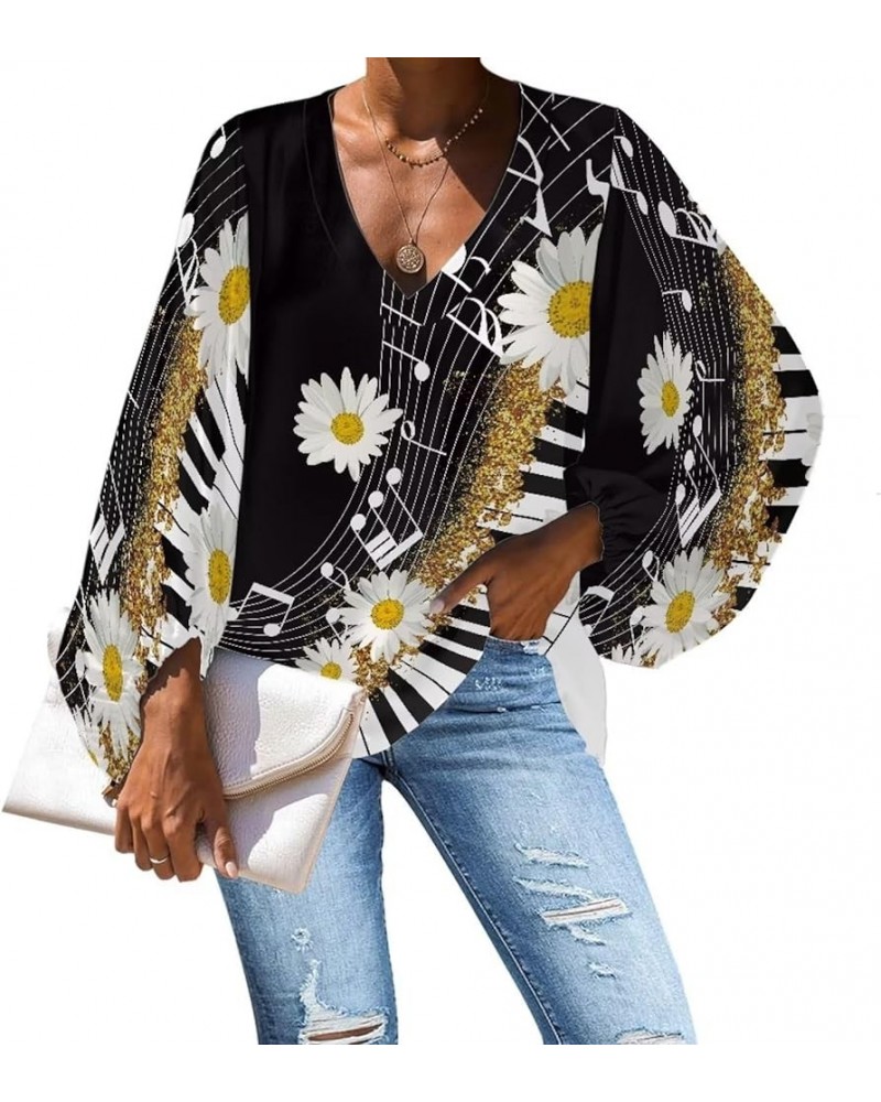 Sunflower Chiffon Blouses for Women Floral Blouse Ballon Sleeved Butterfly Yellow Flower V Neck Chiffon Tunic Tops Daisy Musi...