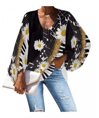 Sunflower Chiffon Blouses for Women Floral Blouse Ballon Sleeved Butterfly Yellow Flower V Neck Chiffon Tunic Tops Daisy Musi...