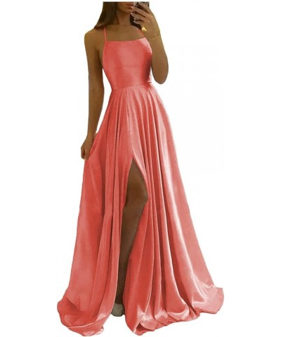 Women's Long Satin Bridesmaid Dresses with Slit Spaghetti Strap Prom Dress A Line Formal Ball Gowns with Pockets Coral $25.38...