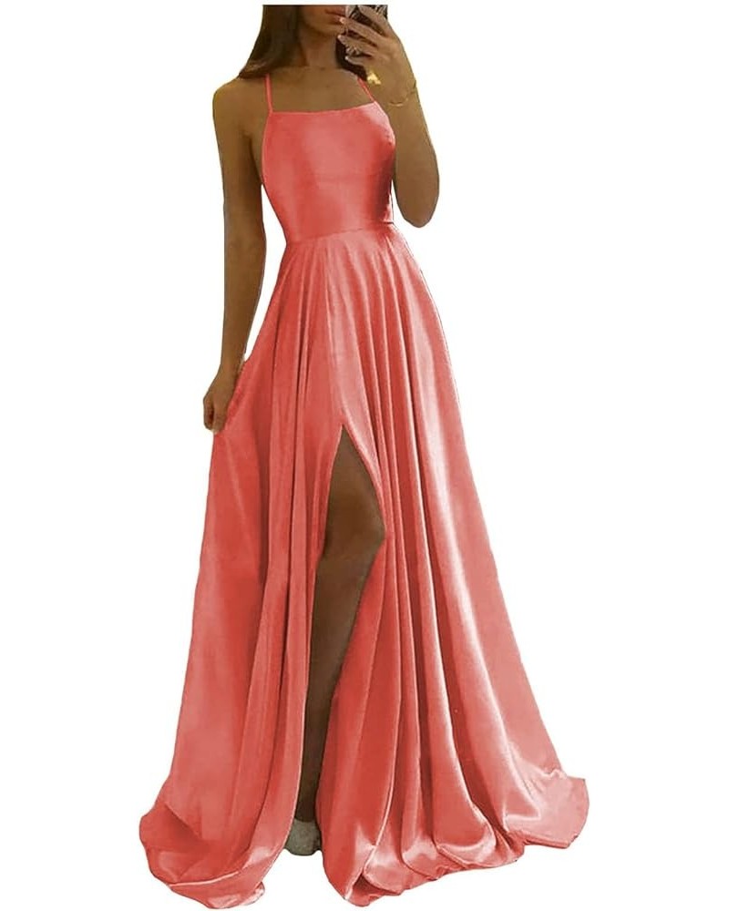 Women's Long Satin Bridesmaid Dresses with Slit Spaghetti Strap Prom Dress A Line Formal Ball Gowns with Pockets Coral $25.38...