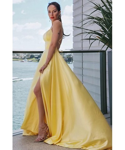 Women's Long Satin Bridesmaid Dresses with Slit Spaghetti Strap Prom Dress A Line Formal Ball Gowns with Pockets Coral $25.38...