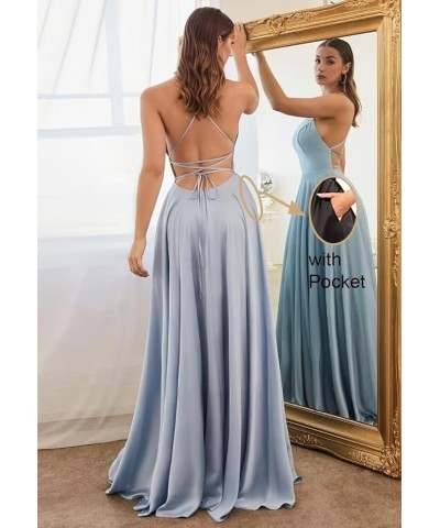 Women's Long Satin Bridesmaid Dresses with Slit Spaghetti Strap Prom Dress A Line Formal Ball Gowns with Pockets Coral $25.38...