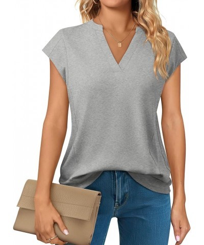 Women's Casual Tops Business Work Blouses Cotton Cap Sleeve V Neck Tshirt Grey $15.39 Tanks