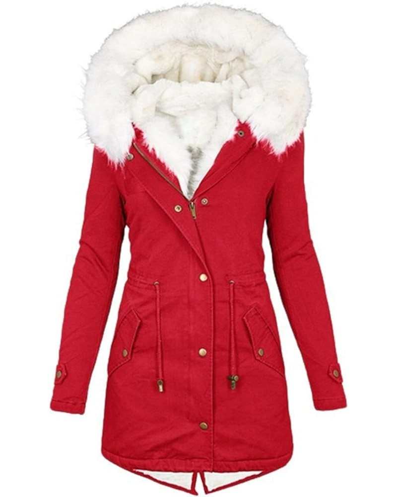 Womens Coats Fall Winter Warm Sherpa Full Zip Casual Drawstring Hooded Cardigans Parka Faux Suede Long Pea Coat J05 Red $21.2...