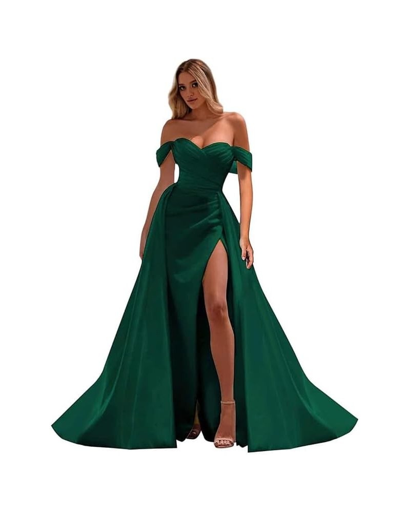 Off The Shoulder Prom Dress Mermaid Ruched Split Ball Gowns for Women Prom Dresses Long Satin Dark Green B $25.30 Dresses