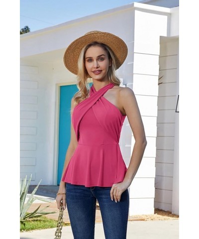 Women Halter Tank Tops Sleeveless Trendy Criss Cross Smocked Peplum A-Line Tops Casual Summer Blouse Shirts Hot Pink $15.05 T...