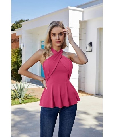 Women Halter Tank Tops Sleeveless Trendy Criss Cross Smocked Peplum A-Line Tops Casual Summer Blouse Shirts Hot Pink $15.05 T...