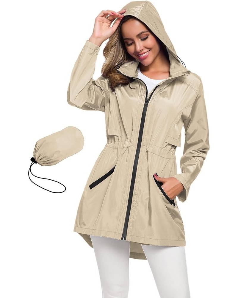 Women's Long Raincoat with Hood Outdoor Lightweight Windbreaker Rain Jacket Waterproof Apricot $20.78 Coats