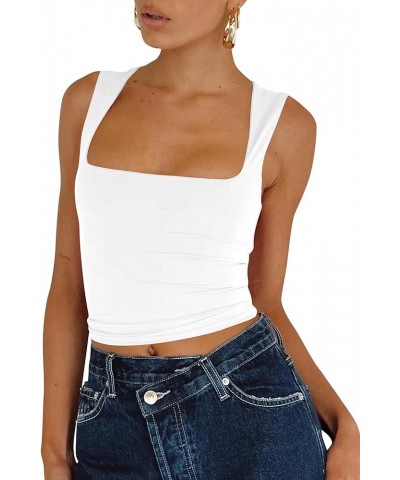 Women Sleeveless Square Neck Crop Tank Top Strappy Double Lined Slim Fit Y2K Going Out Tops Workout Cami Shirt White $10.19 T...