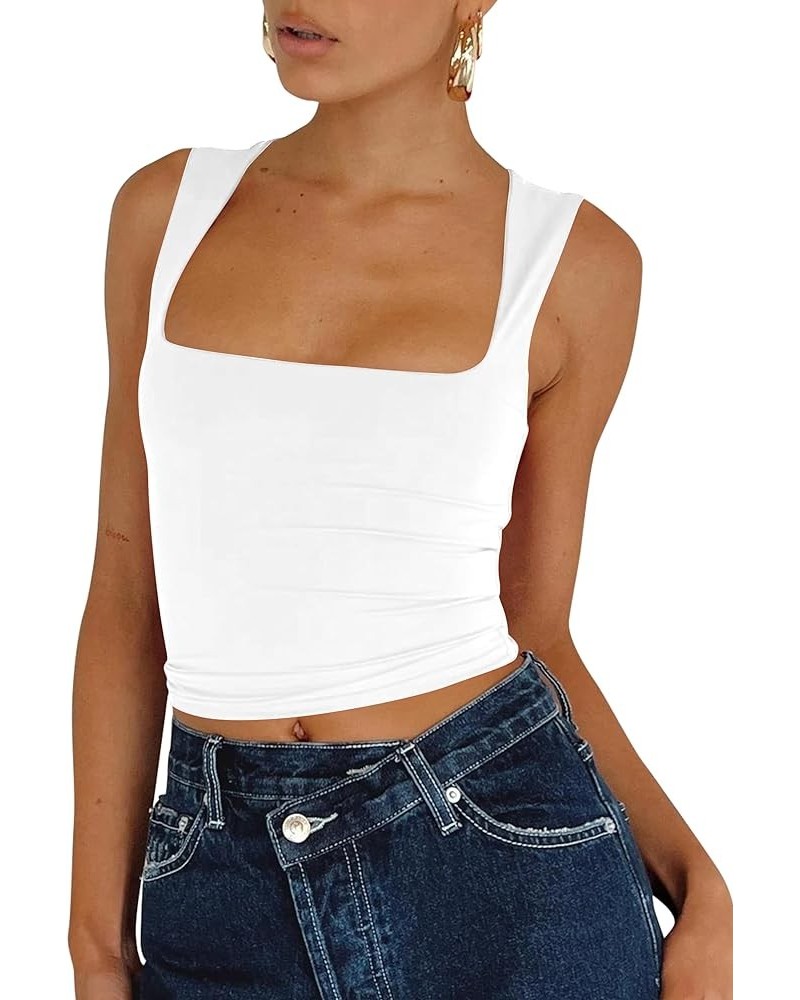 Women Sleeveless Square Neck Crop Tank Top Strappy Double Lined Slim Fit Y2K Going Out Tops Workout Cami Shirt White $10.19 T...