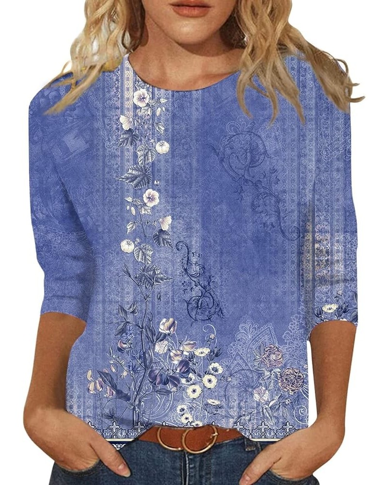 3/4 Length Sleeve Womens Tops Ethnic Floral Slim Cute Tops Crewneck Slim Fit Half Sleeve Shirts Spring Blouse A-blue $7.66 Bl...