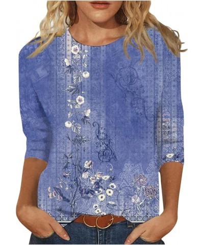 3/4 Length Sleeve Womens Tops Ethnic Floral Slim Cute Tops Crewneck Slim Fit Half Sleeve Shirts Spring Blouse A-blue $7.66 Bl...