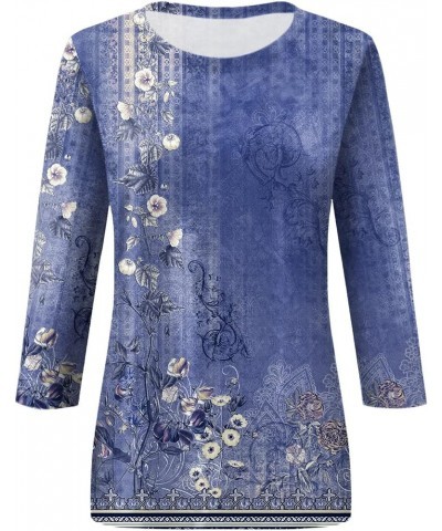 3/4 Length Sleeve Womens Tops Ethnic Floral Slim Cute Tops Crewneck Slim Fit Half Sleeve Shirts Spring Blouse A-blue $7.66 Bl...