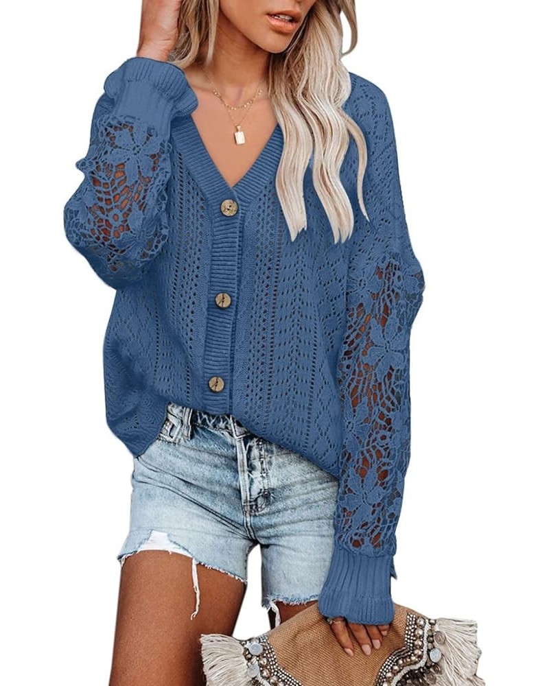 Crochet Lace V Neck Long Sleeve Hollow Out Cable Knit Cardigan for Women Sweaters Tops A Blue $26.09 Sweaters