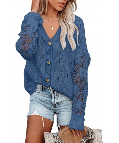 Crochet Lace V Neck Long Sleeve Hollow Out Cable Knit Cardigan for Women Sweaters Tops A Blue $26.09 Sweaters