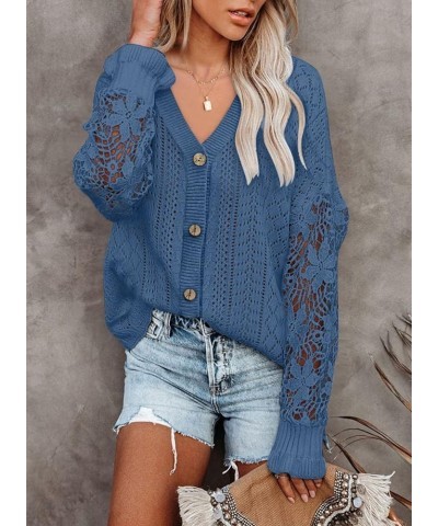 Crochet Lace V Neck Long Sleeve Hollow Out Cable Knit Cardigan for Women Sweaters Tops A Blue $26.09 Sweaters