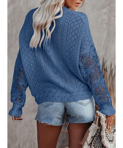 Crochet Lace V Neck Long Sleeve Hollow Out Cable Knit Cardigan for Women Sweaters Tops A Blue $26.09 Sweaters