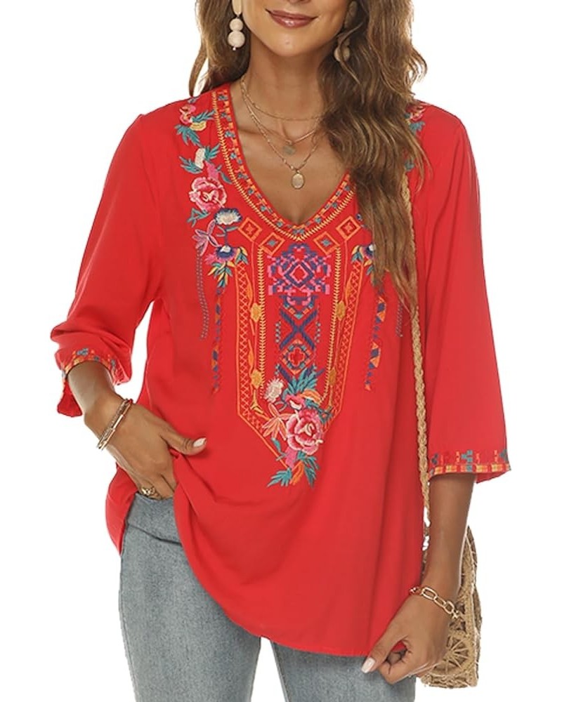 Women's Mexican Embroidered Tops Bohemian Style Peasant 3/4 Sleeve Shirts Boho Tunic Blouses Hippie Clothes Red $28.07 Tops